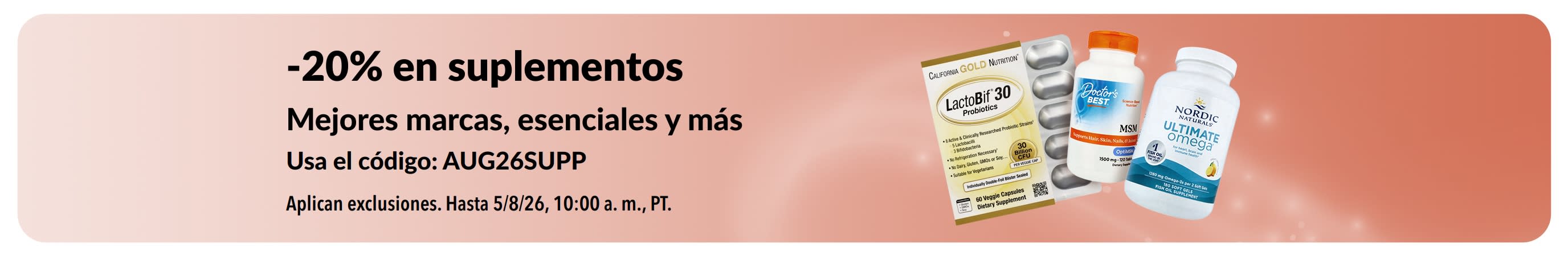 Banner que promociona 20% de descuento en suplementos