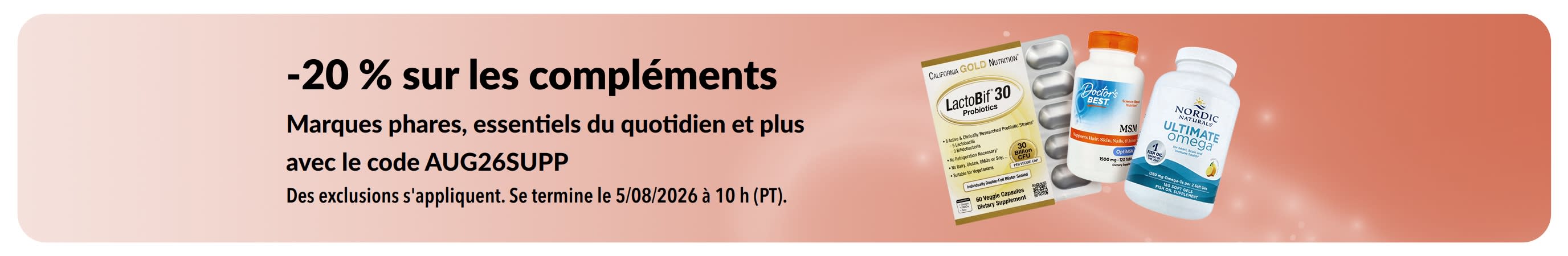Bannière promotionnelle sur les compléments à -20 %