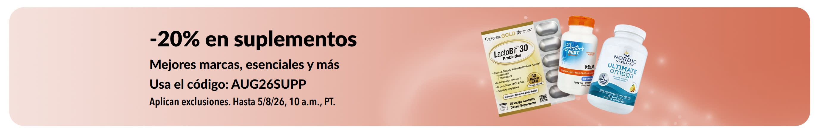 Banner que promociona 20% de descuento en suplementos