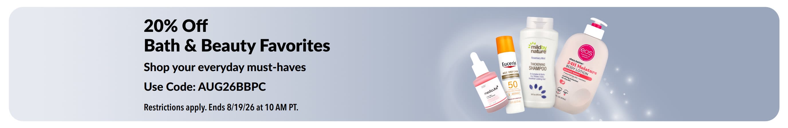 Banner promoting 20% Off select Bath, Beauty & Personal Care
