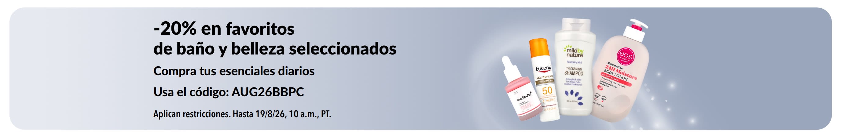 Banner promocional de un 20% de descuento en productos seleccionados de baño, belleza y cuidado personal