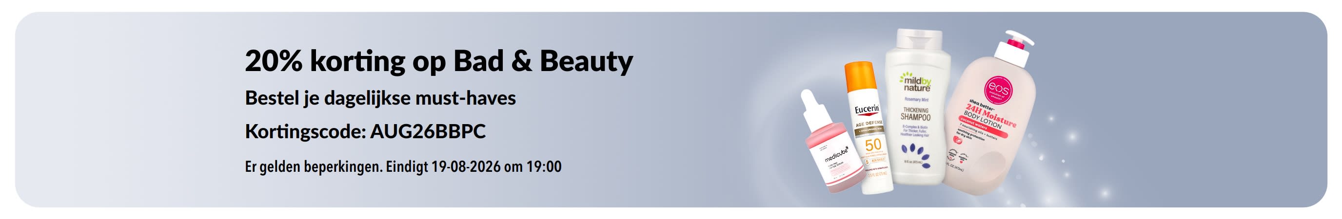 Banner ter promotie van 20% korting op bad, beauty en persoonlijke verzorging