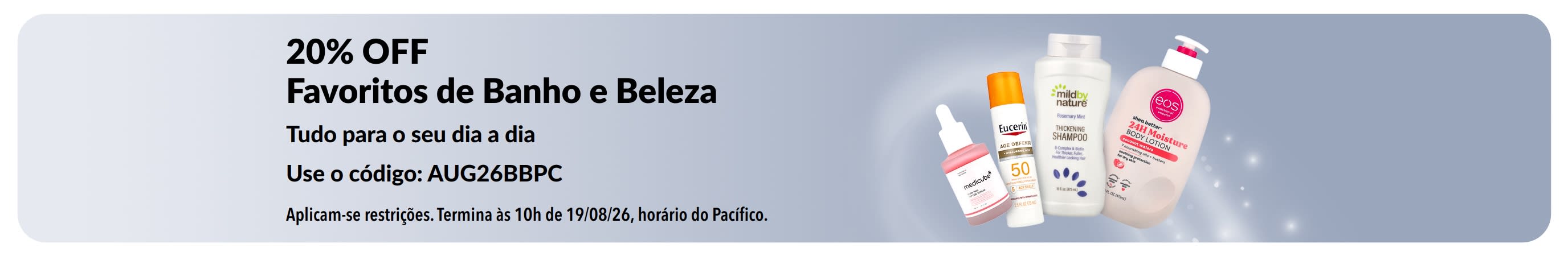 Banner promovendo 20% OFF em produtos selecionados de Banho, Beleza e Cuidados Pessoais.