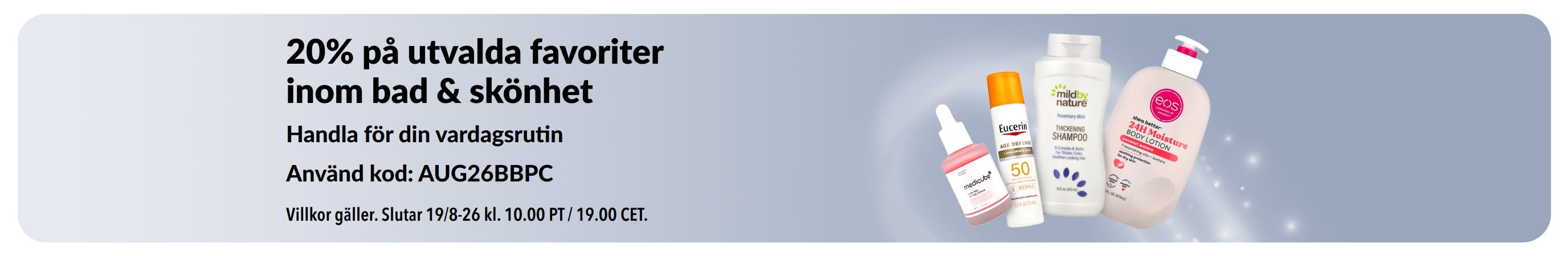 Banner som marknadsför 20% på utvalt inom bad, skönhet & personlig vård