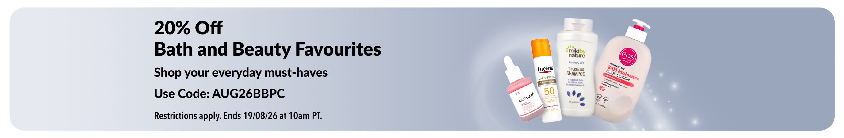 Banner promoting 20% Off select Bath, Beauty and Personal Care