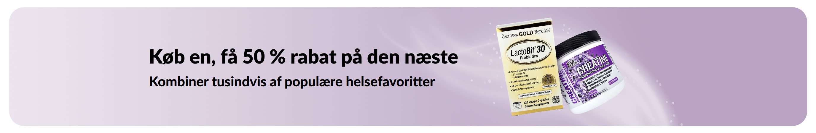 Banner, der reklamerer for tilbuddet »Køb en, få 50 % rabat på den næste«