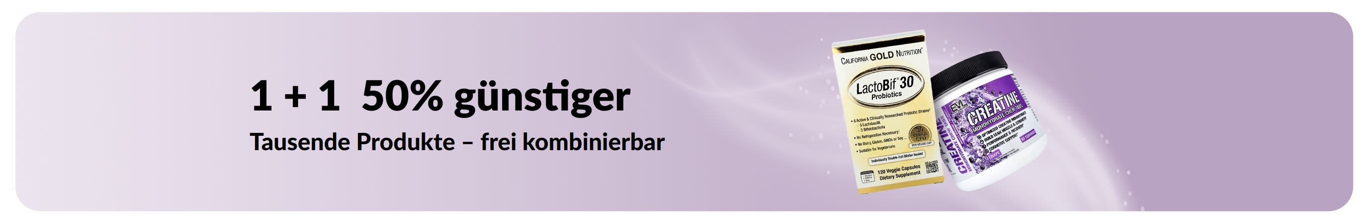 Banner für die Aktion 1+1 50% günstiger