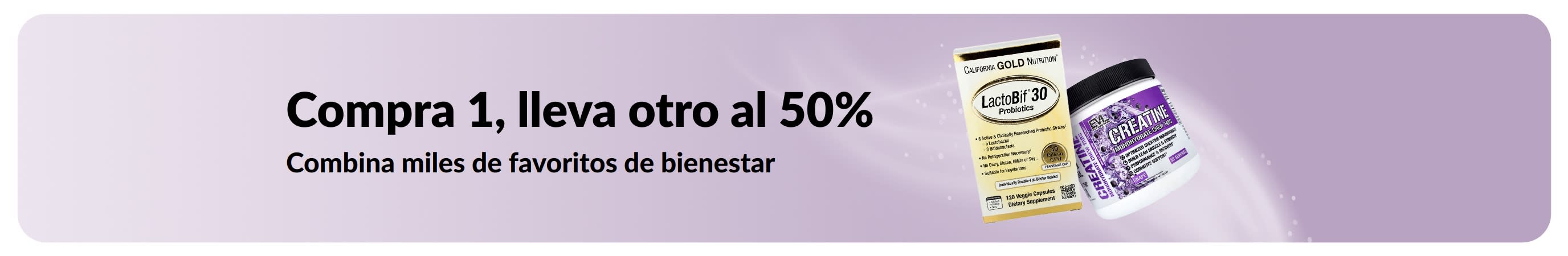 Banner que promociona la oferta ‘‘Compra 1, lleva otro al 50%’’