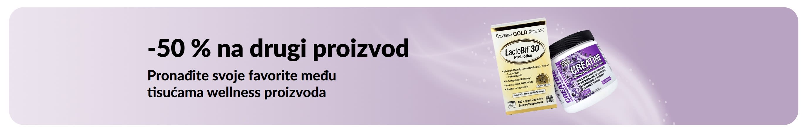 Reklamni natpis koji promovira akciju 50 % popusta na drugi proizvod