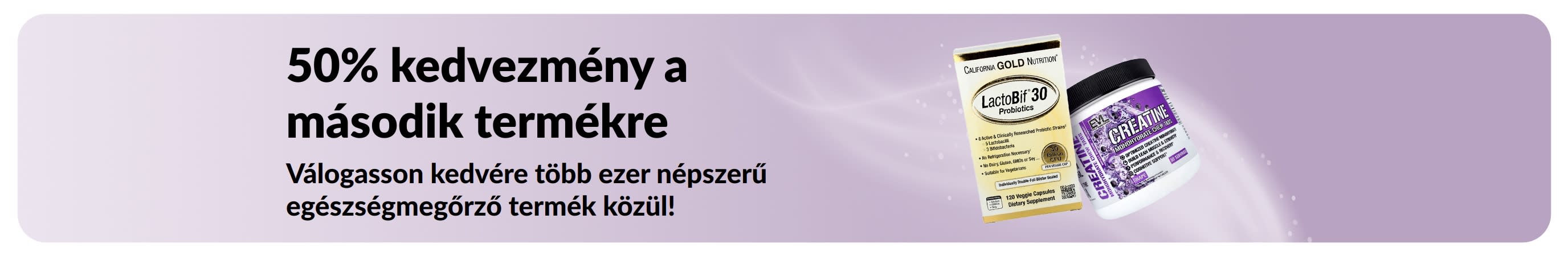 A második termékre 50% kedvezményt hirdető banner.