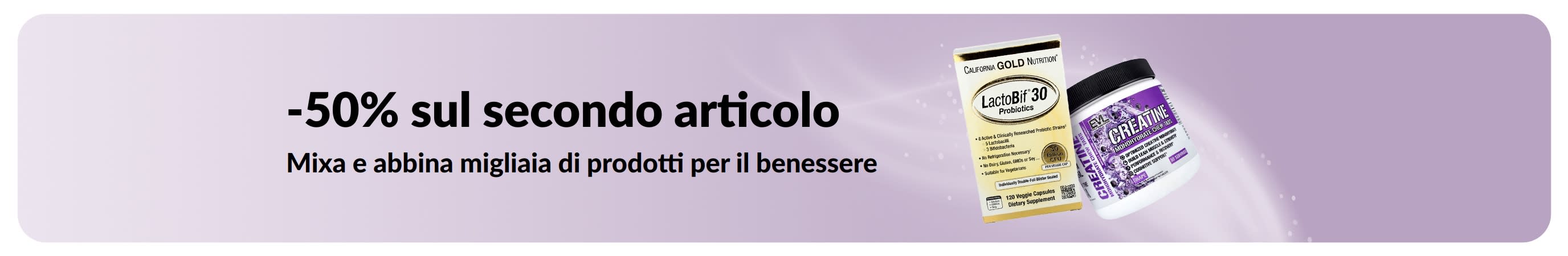 Banner che promuove uno sconto del 50% sul secondo articolo