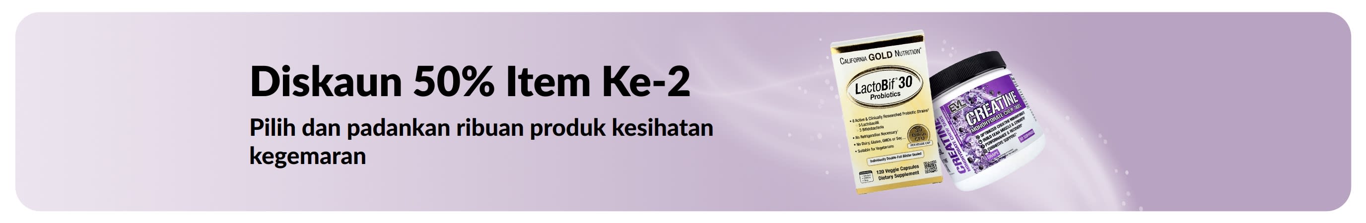 Sepanduk mempromosi Beli Satu, Diskaun 50% Item Ke-2
