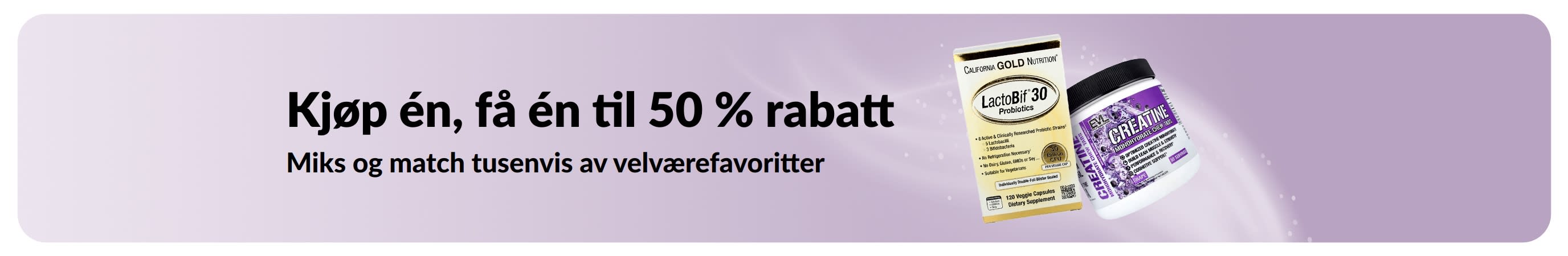 Banner som promoterer kjøp én, få én til 50 % rabatt