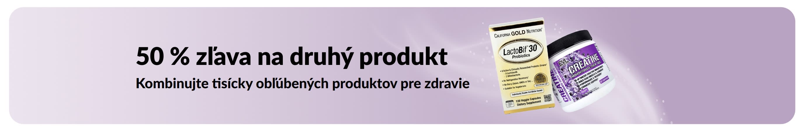 Baner propagujúci 50 % zľavu na druhý produkt