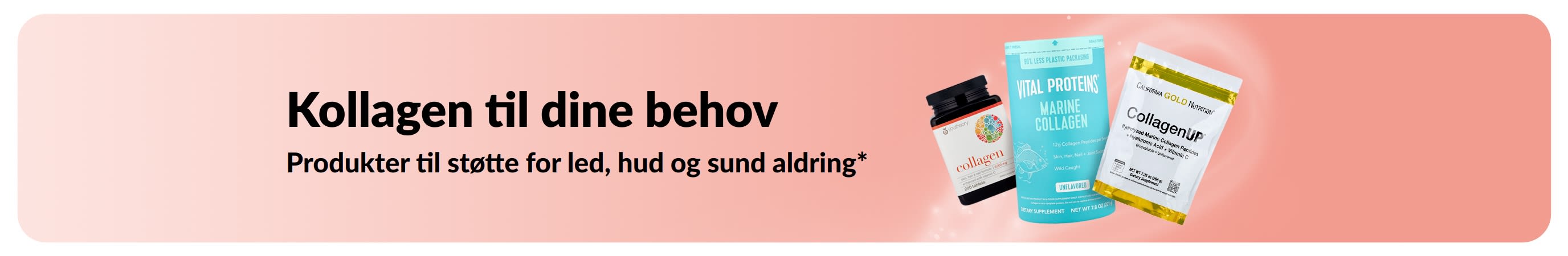 Banner, der reklamerer for kollagenprodukter til støtte for led, hud og sund aldring