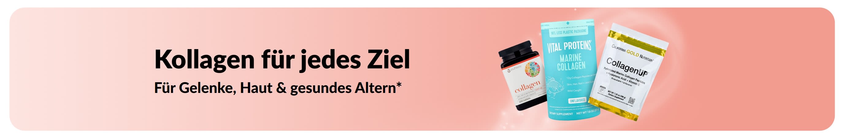 Banner, das für Kollagenpräparate zur Unterstützung der Gelenke, der Haut und für gesundes Altern wirbt