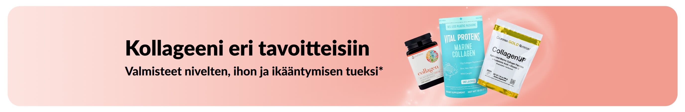 Banneri, joka mainostaa kollageenia nivelten, ihon ja terveen ikääntymisen tukemiseen