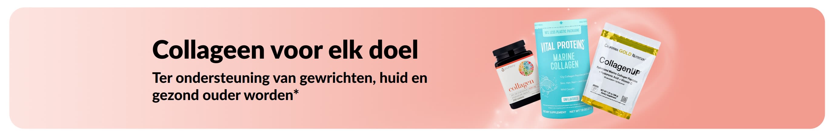 Banner ter promotie van collageenformules voor ondersteuning van gewrichten, huid en gezond ouder worden.