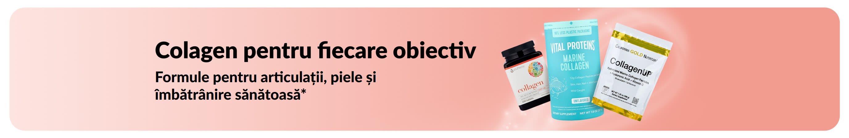 Banner ce promovează formule cu colagen pentru susținerea articulațiilor, pielii și îmbătrânirii sănătoase.