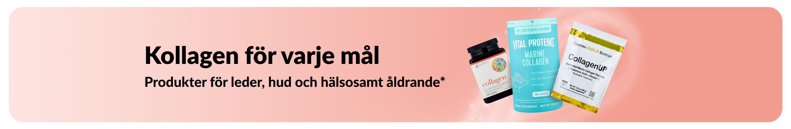 Banner som marknadsför kollagenprodukter för leder, hud och hälsosamt åldrande