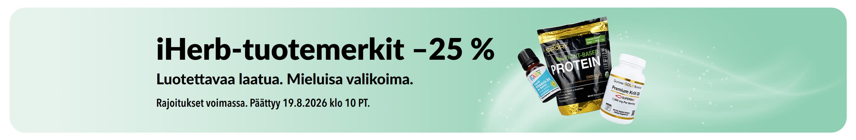 Banneri, joka tarjoaa 25 % alennusta iHerb-tuotemerkeistä