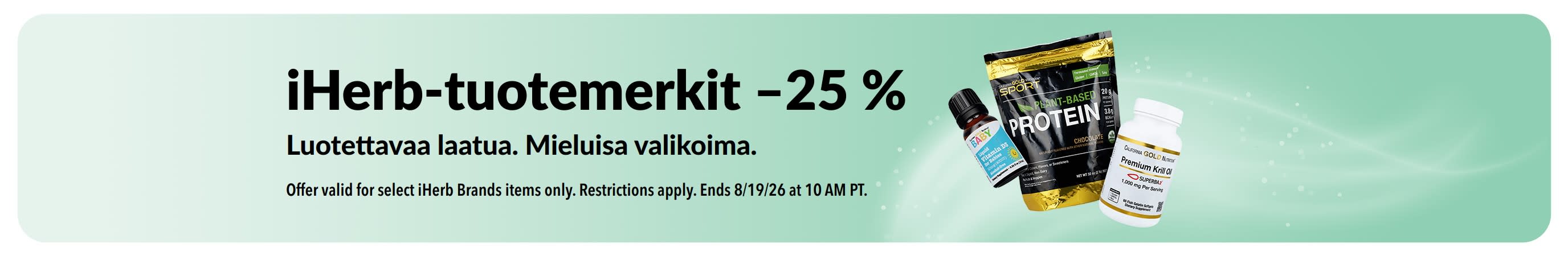 Banneri, joka tarjoaa 25 % alennusta iHerb-tuotemerkeistä