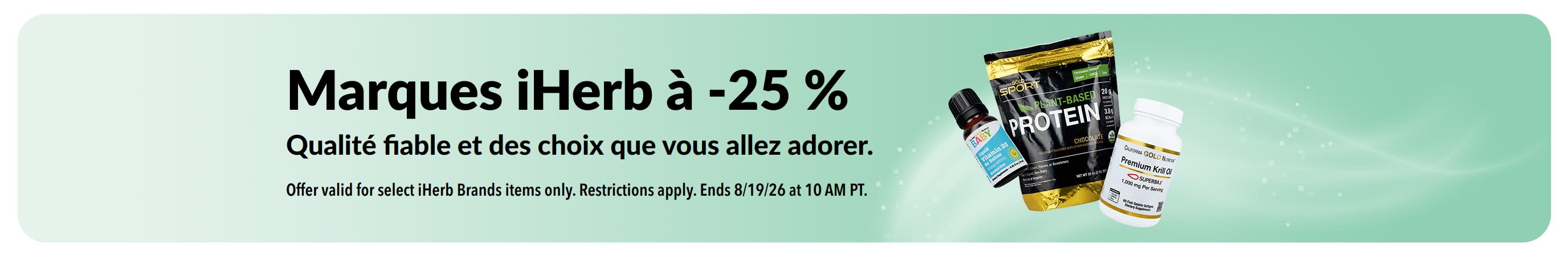Bannière présentant une réduction de 25 % sur les marques iHerb