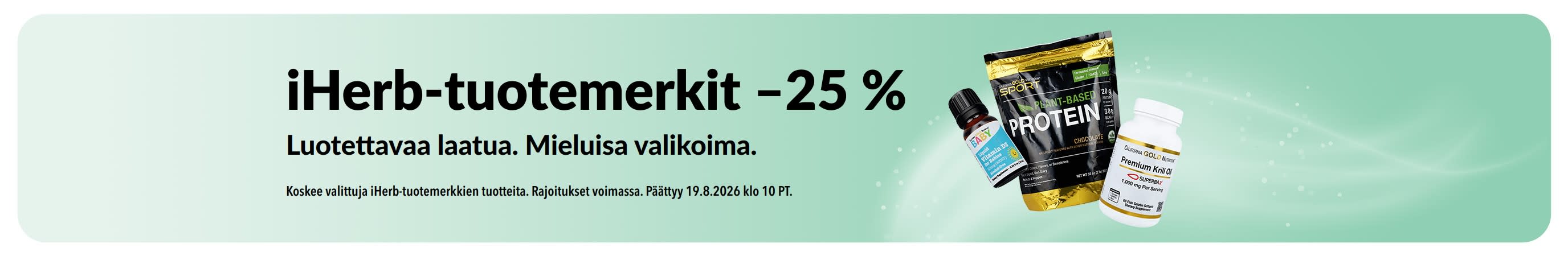 Banneri, joka tarjoaa 25 % alennusta iHerb-tuotemerkeistä