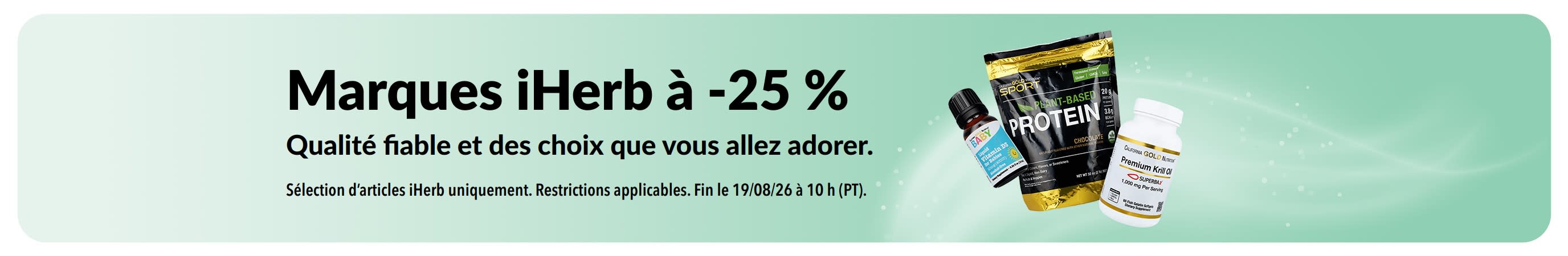 Bannière présentant une réduction de 25 % sur les marques iHerb
