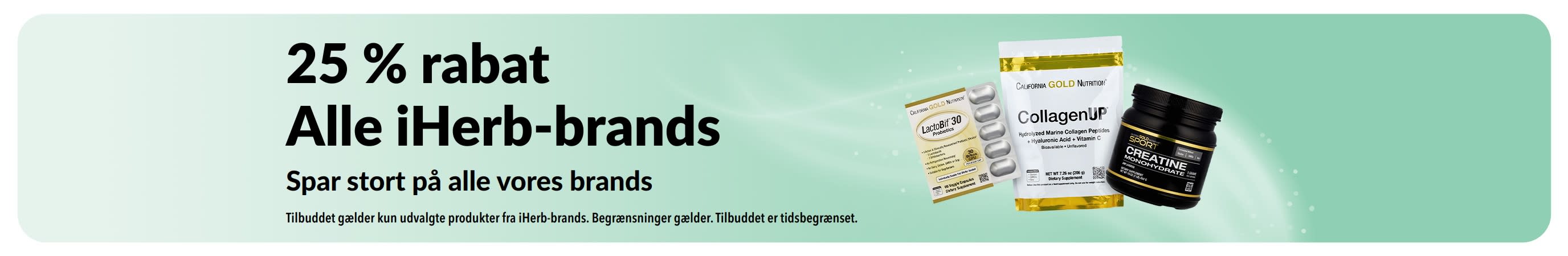 Banner, der promoverer 25 % rabat på alle iHerb-brands