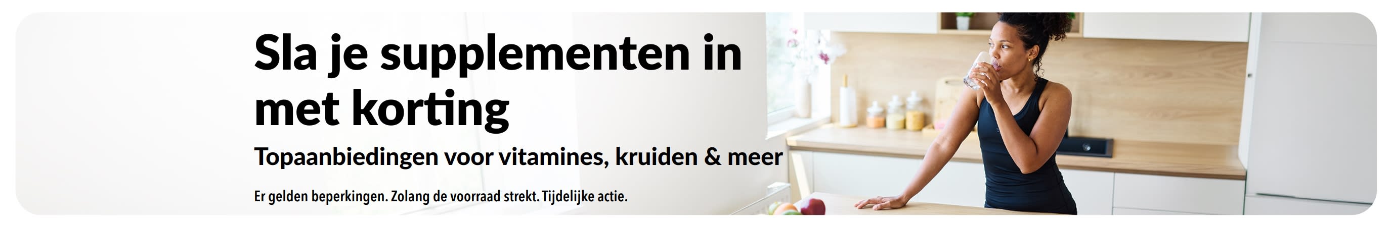 Banner met aantrekkelijke aanbiedingen voor voedingssupplementen.