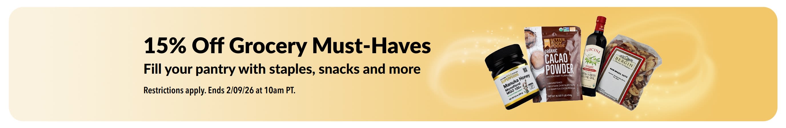 Banner promoting 15% Off select Grocery items