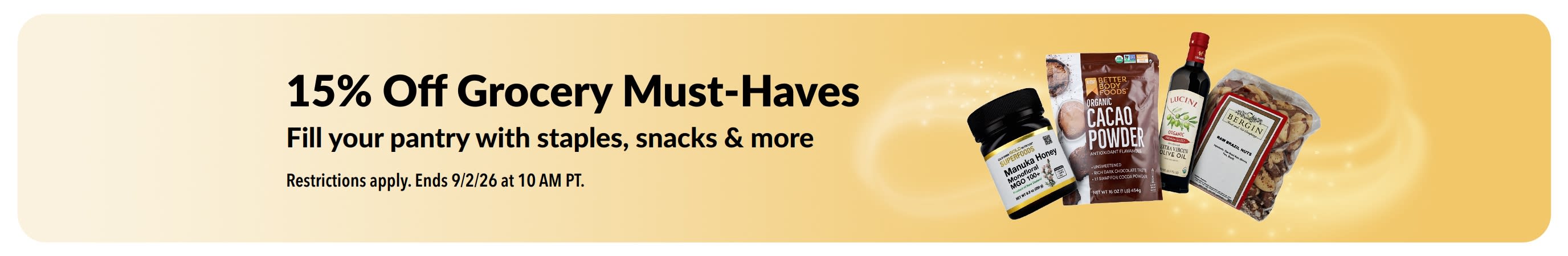 Banner promoting 15% Off select Grocery items