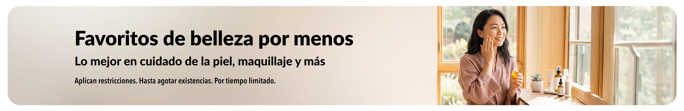 Banner que promociona grandes ofertas en favoritos de belleza: cuidado de la piel, maquillaje y más