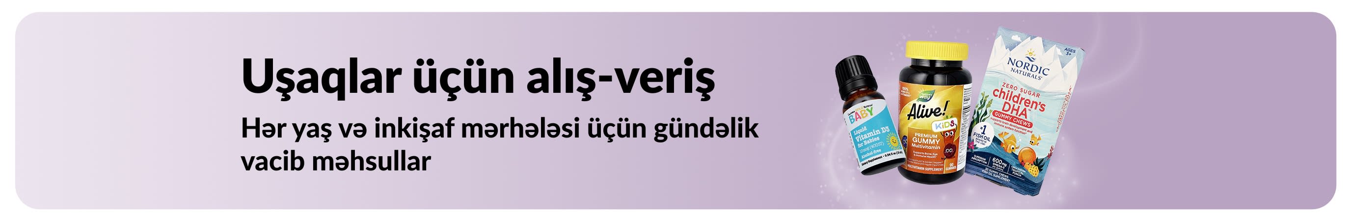 iHerb-ün körpələr və uşaqlar üçün gündəlik vacib məhsullarını təbliğ edən banner