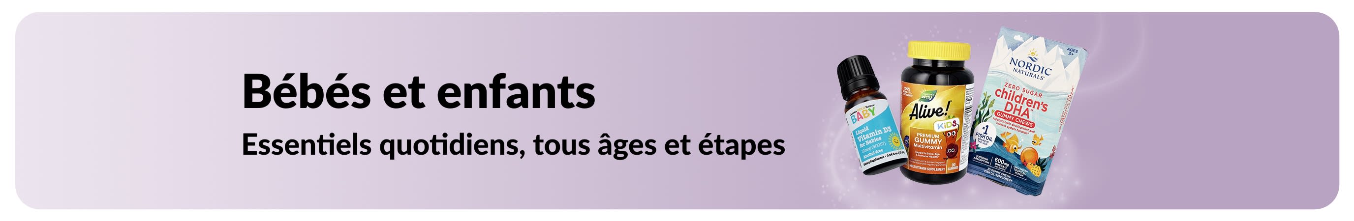 Bannière promotionnelle présentant les essentiels du quotidien d'iHerb pour bébés et enfants