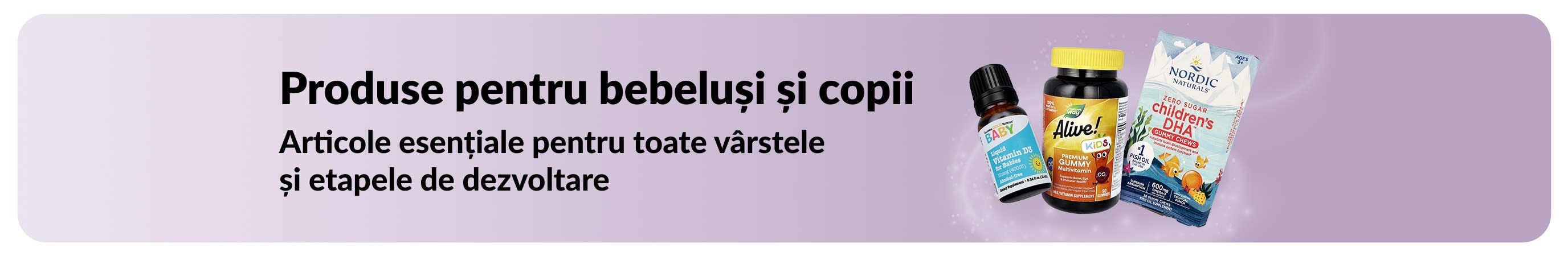 Banner ce promovează produse iHerb esențiale pentru bebeluși și copii.