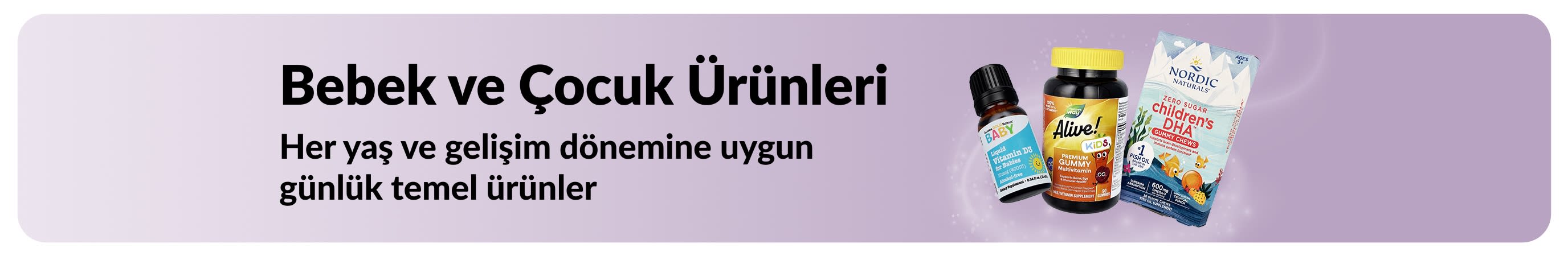 iHerb'ün bebek ve çocuklar için günlük temel ürünlerini tanıtan banner