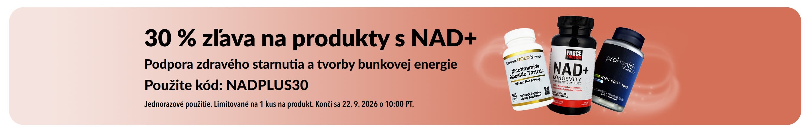 Banner propagujúci 30 % zľavu na produkty s NAD+, ktoré podporujú zdravé starnutie a tvorbu bunkovej energie