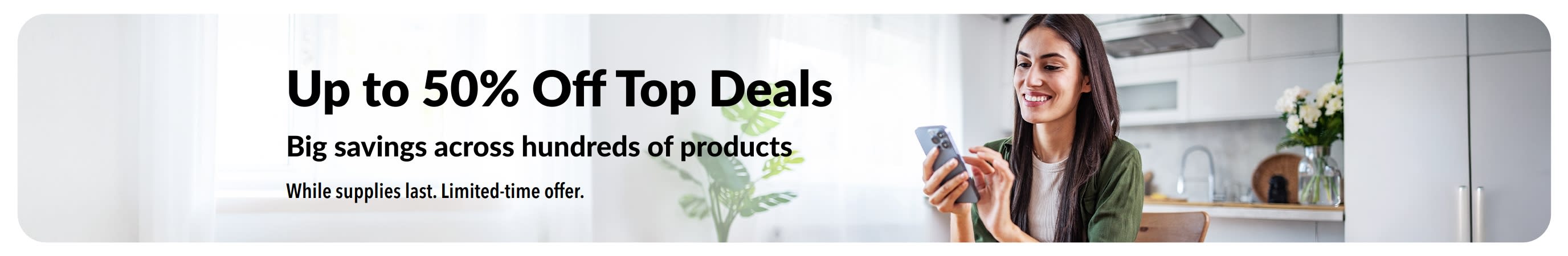 Banner promoting up to 50% off top deals