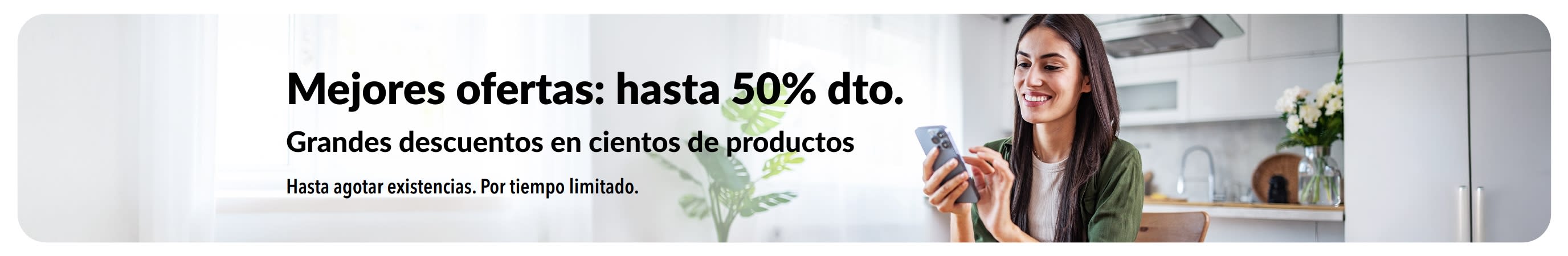 Banner que promociona descuentos de hasta el 50% en las mejores ofertas