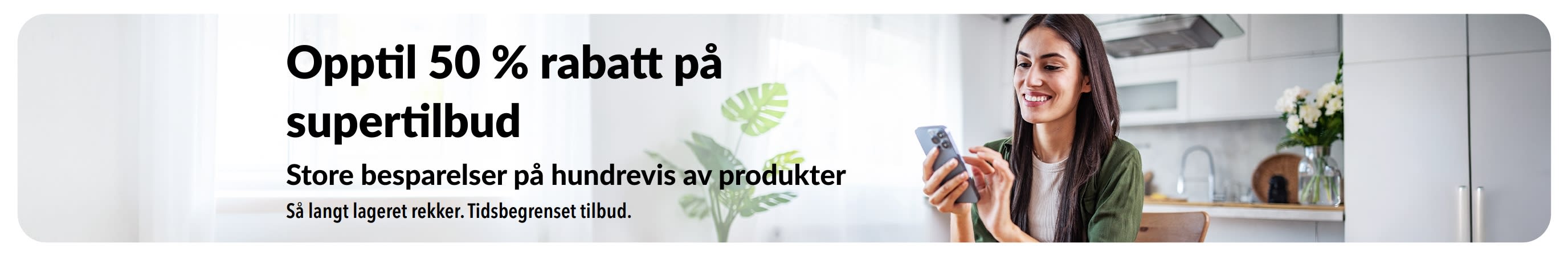 Banner som fremhever opptil 50 % rabatt på supertilbud