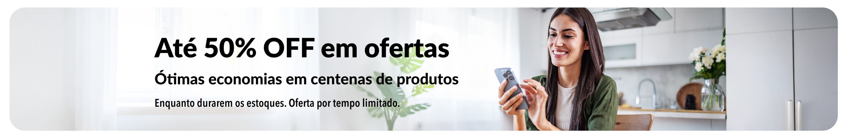 Banner promovendo até 50% OFF nas melhores ofertas