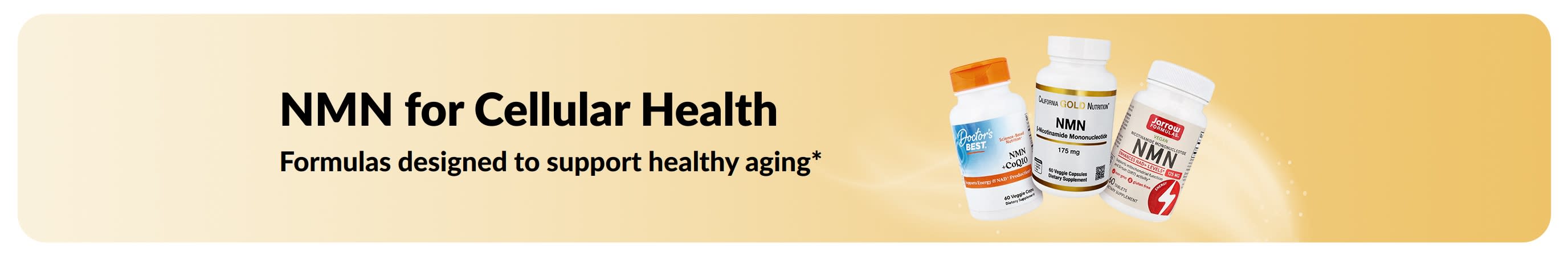 Banner promoting 'NMN for Cellular Health', formulas designed to support healthy aging