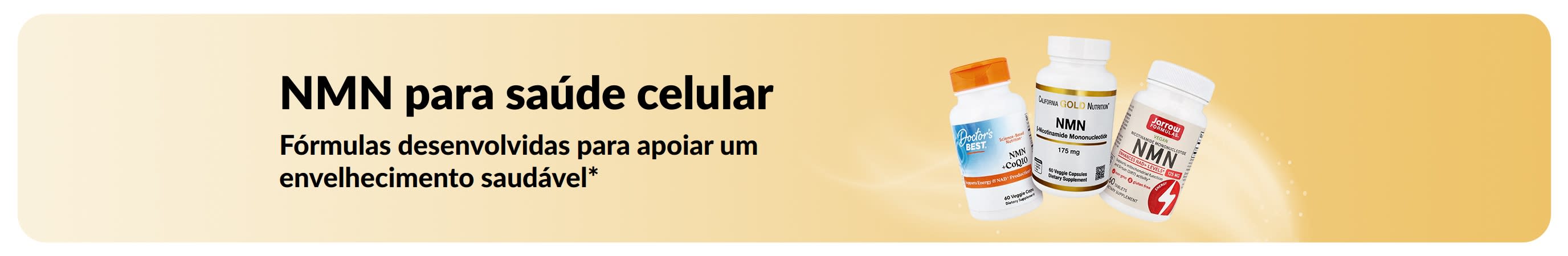 Banner promovendo “NMN para saúde celular”, com fórmulas desenvolvidas para apoiar um envelhecimento saudável.