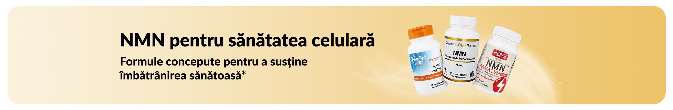 Banner ce promovează NMN pentru sănătatea celulară și formule concepute pentru a susține îmbătrânirea sănătoasă.