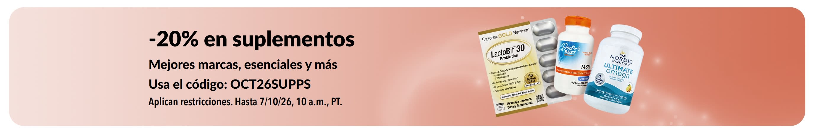 Banner que promociona 20% de descuento en suplementos