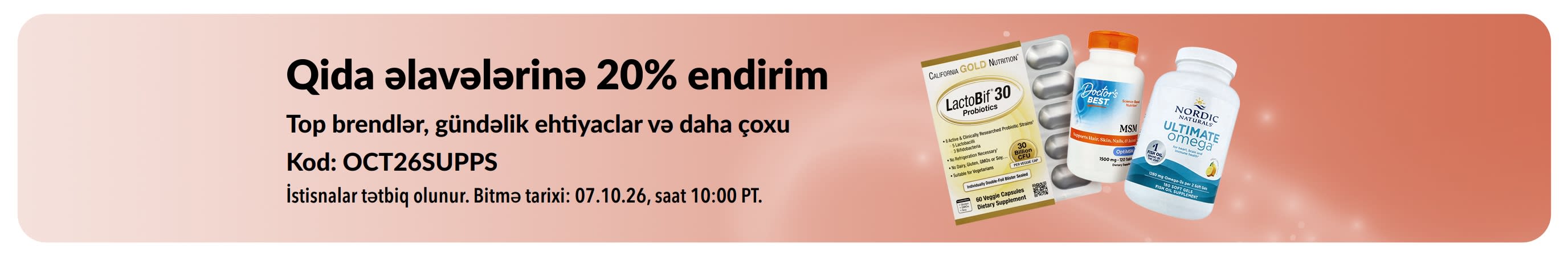 Qida əlavələrinə 20% endirim təklif edən banner