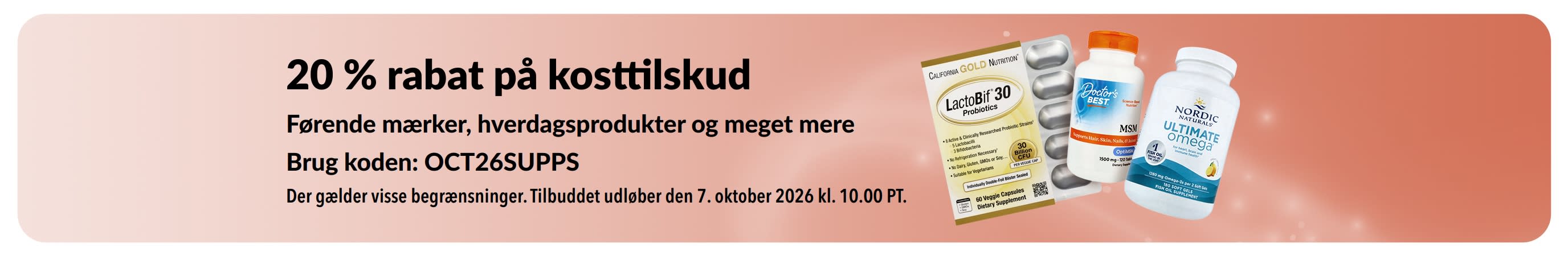 Banner, der reklamerer for 20 % rabat på kosttilskud