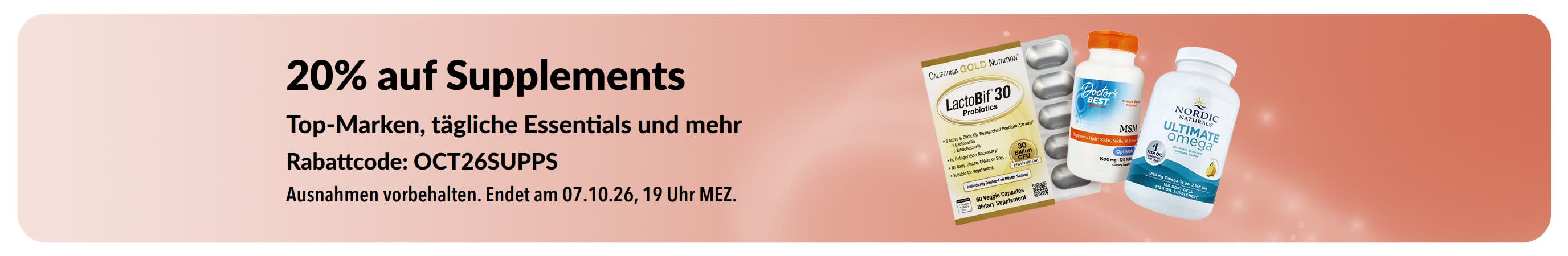 Banner mit 20% Rabatt auf Nahrungsergänzungsmittel